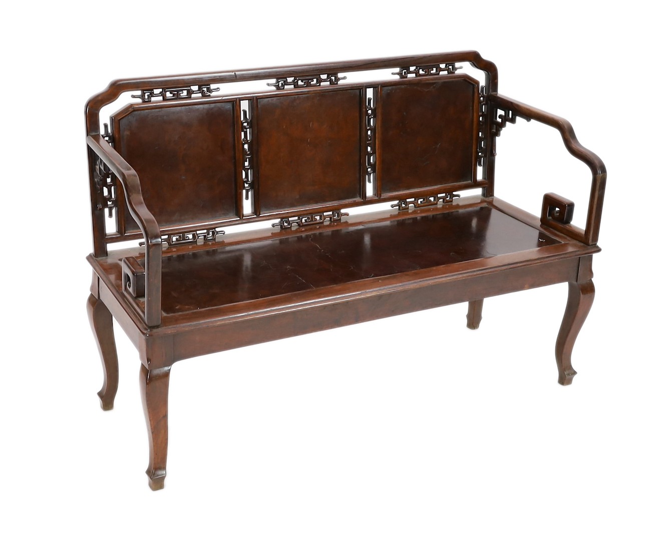 A Chinese huanghuali and burr wood bench seat, width 140cm, depth 50cm, height 90cm